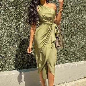 One shoulder olive elegant wrap dress